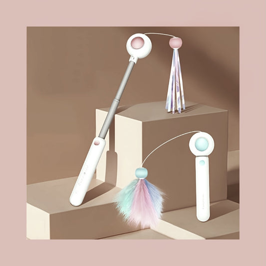 Bacchetta Gioco Retrattile per Gatti con Piume + Testine di Ricambio/Retractable Cat Teaser Wand with Feather + Replacement Heads